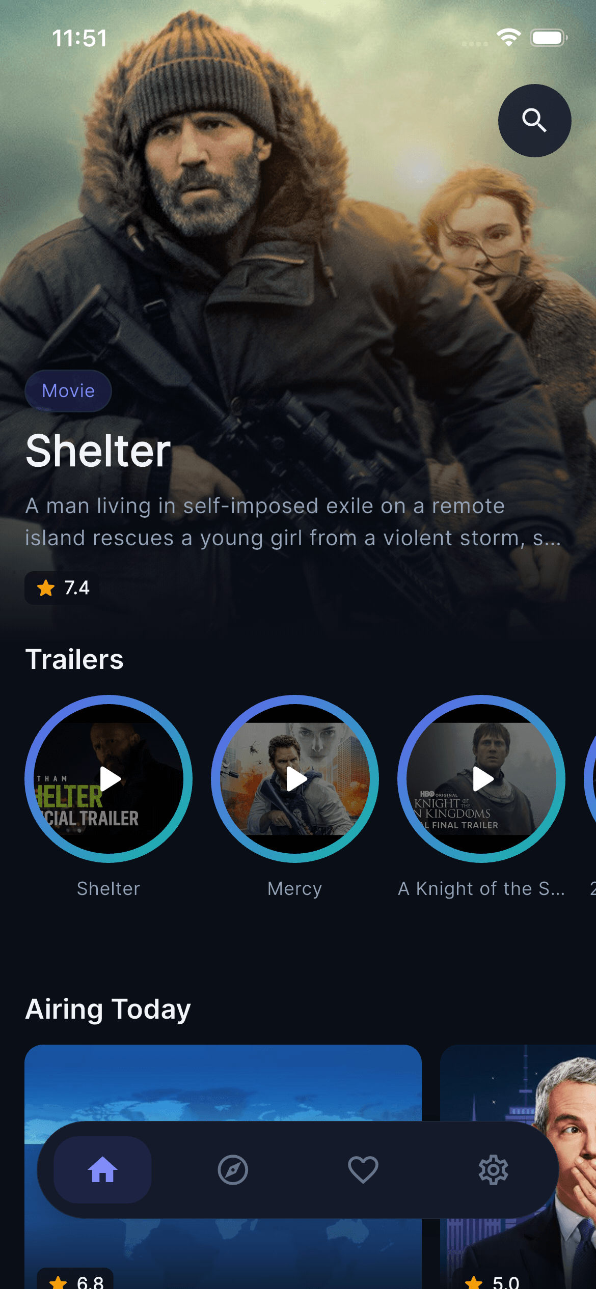 StreamRadar home screen showing movie recommendations, trailers, and trending content